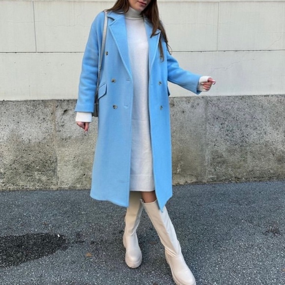Zara Jackets & Blazers - Zara double breasted oversized wool coat sky blue